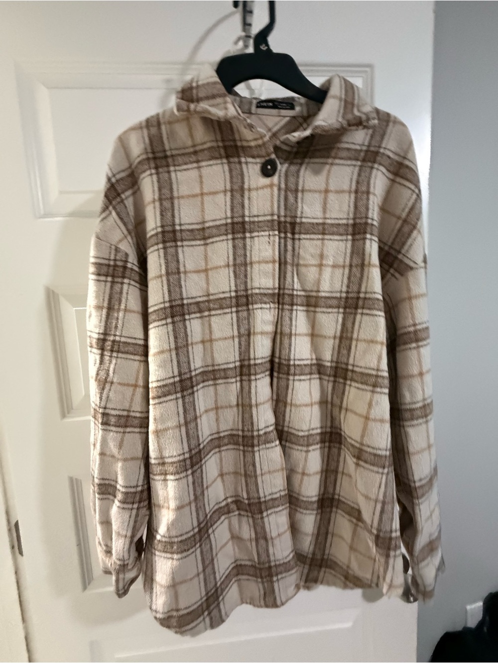 SHEIN Cream and Brown Plaid Fleece Shacket